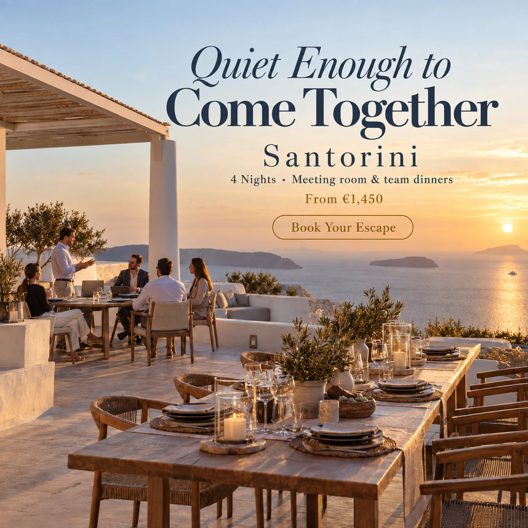 Corporate retreat in Santorini: an ad made by TourixAI